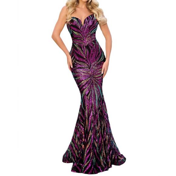 NEW PORTIA&SCARLETT long strapless mermaid prom dress in black/hot